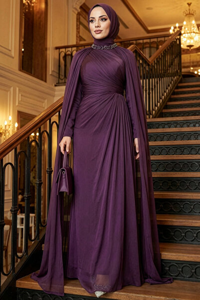 N.S NEVA STYLE - فستان سهرة محتشم بنفسجي مع عباءة 54391MOR