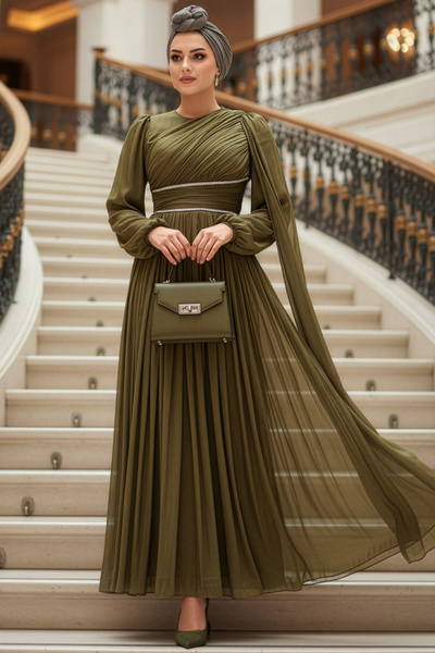 N.S NEVA STYLE - Βραδινό φόρεμα χακί με λεπτομέρεια κάπας 53021HK