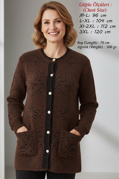 Laden Knitwear Angora Women's Plus Size Winter Thick Soft Mother Brown Cardigan