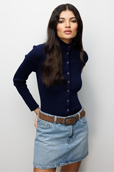 Mixray 6983 Women's Mock Neck Corded Fabric Snap Fastener Knitwear Cardigan N...