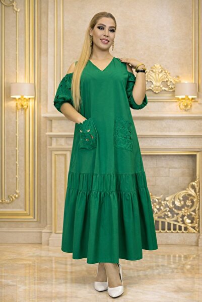 Yeşilmoda Green Dress Plus Size Green Dress • Off-The-Shoulder • Lace Sleeves...