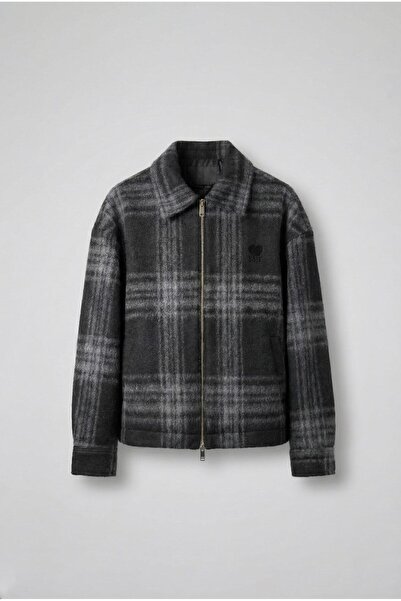 ablukaonline Men's Oversize Zippered Plaid Patterned Jacket Black