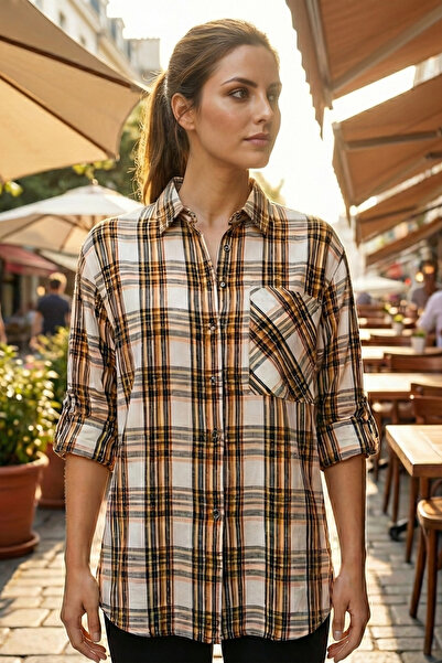 PATİSKHALİFE 4591 Tek Cep Oversize Ekose Kadın Pamuk Gömlek Bej
