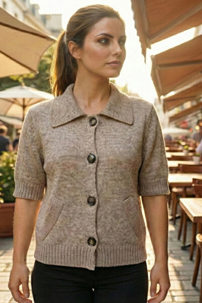 Dilvin 60285 Polo Yaka Düğmeli Cepli Triko Hırka-Vizon M.