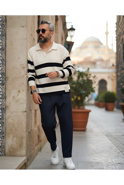 higo Oversize Men's Polo Neck Striped Sweater