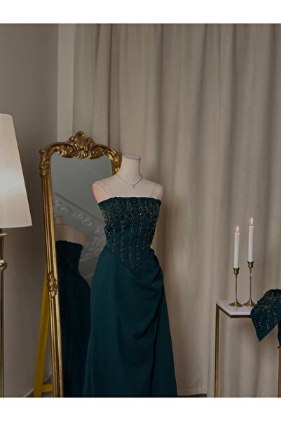 vanus fashion 6278- فستان تركوازي ساحر بتطريز فاخر وأكمام قابلة للتركيب