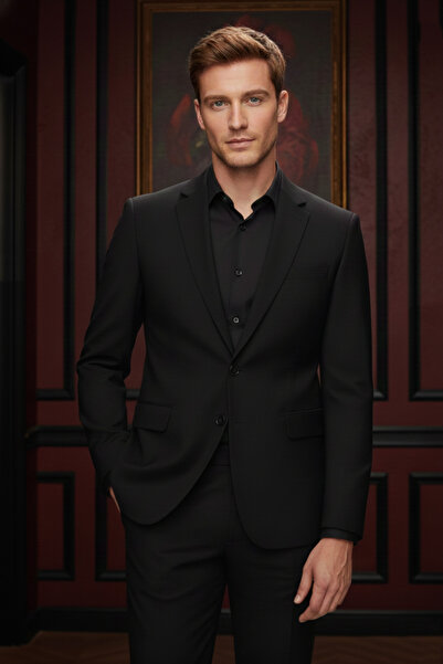 wodelli Men's Black Mono Collar Suit – Regular Wool Fabric