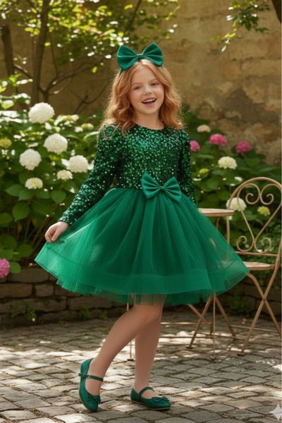 ABİYEKİDS Rochie de seară pentru copii, cu mâneci lungi, cu paiete, catifelat...