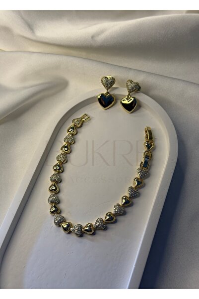 XUPING JEWELRY Xuping 14K VIP Gold Zirkon Taşlı Kalp Küpe ve Bileklik Seti