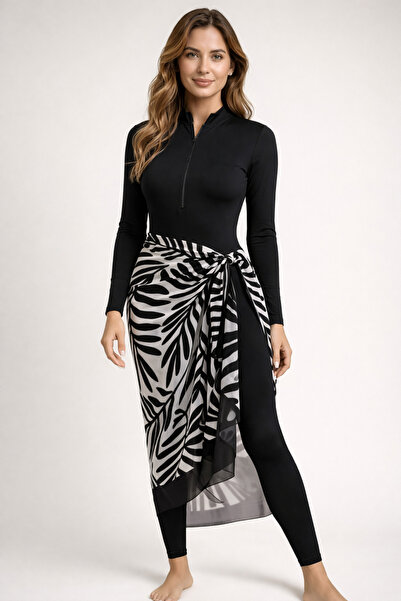 CUPSEA 3 LÜ TAKIM SET Siyah Uzun Kollu Body Mayo Likra Uzun Tayt Siyah Yaprak...