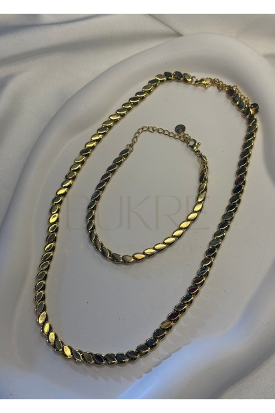 stainles steel Paslanmaz Çelik Gold Bakla Zincir Kolye ve Bileklik Set