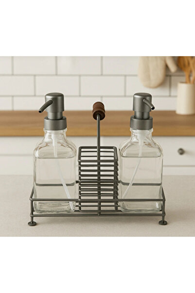 Lucia Cappadocia 2’Li Gri Stantlı Lif Bölmeli Paslanmaz Çelik Sıvı Sabunluk D...