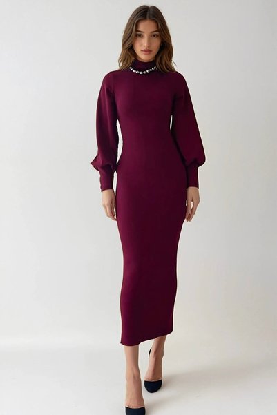 OLSAMODA Women's Fishneck Collar Burgundy Long Sleeves Flexible Knitted Fabric Daily and Occasional Wear Design Long Dress