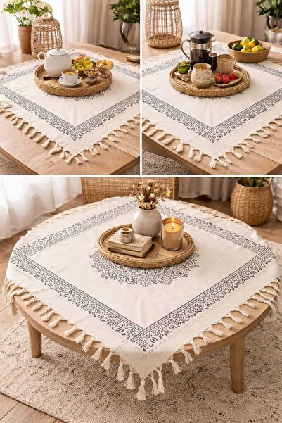 Milenam Otantik Desenli El İşi Tahta Baskılı Tokat İşi Kare Masa Örtüsü Runner
