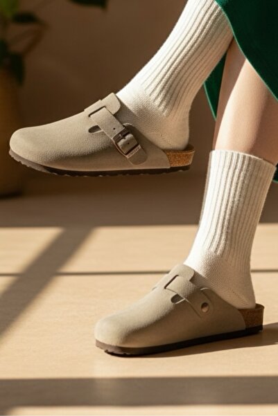 Land of Cork شبشب سناب للجنسين من جلد الغزال باللون الرمادي الداكن - دعم للقد...