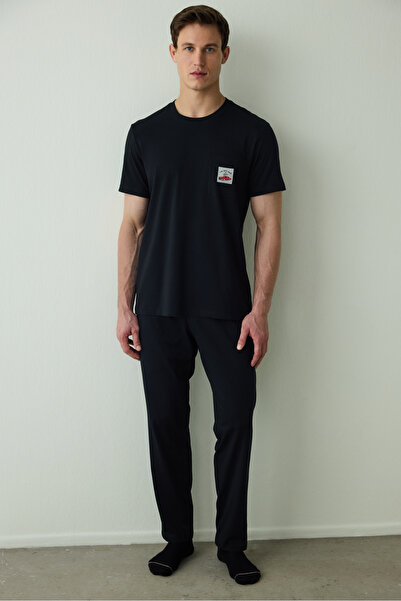 Penti Schwarzes Car Herren-Slogan-Kurzarm-Pyjama-Set