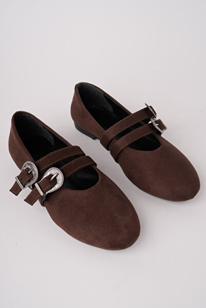 RoseVeno Women's Bitter Brown Suede Buckle Ballerinas