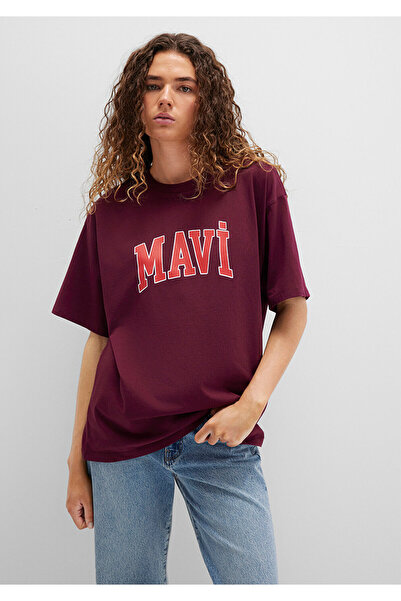 Mavi Logo Baskılı Bordo Tişört Oversize / Geniş Kesim 1600843-90705