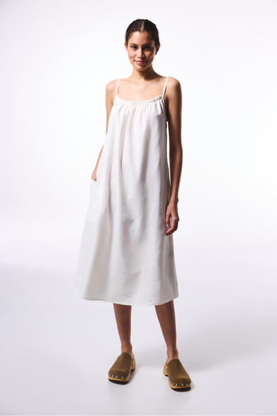 Penti White Natural Linen Square Neck Long Dress