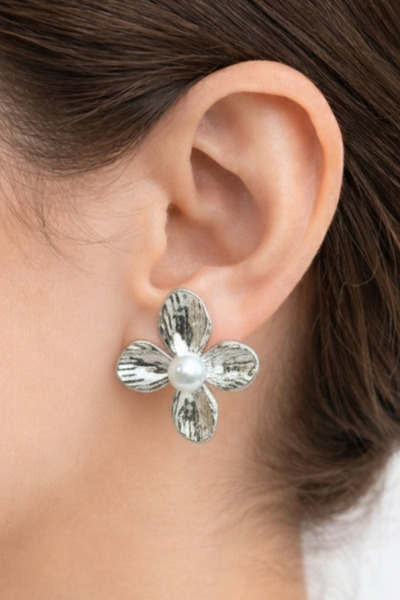 Crc Bijuteri أقراط فضية على شكل زهرة - أقراط نسائية من المجوهرات غير الثمينة