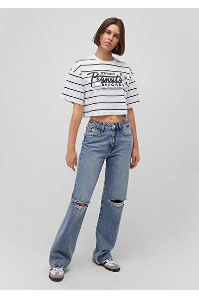 Mavi Snoopy Baskılı Çizgili Beyaz Tişört Crop / Kısa Kesim 1612849-86678