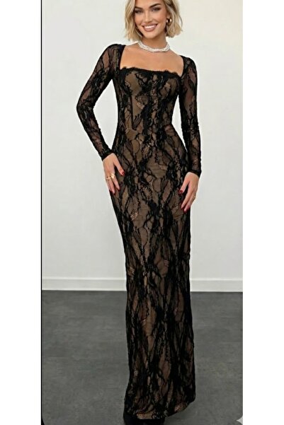 NİSANURTEKSTİL Dantelli uzun elbise