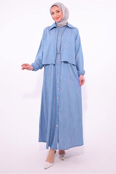 TRENDTESETTÜR KADIN MAVİ CEKETLİ ELBİSELİ TAKIM T 7384