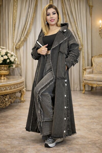 Yeşilmoda Kardigan denim kumaş Yüksek kalite Yırtmaçlı Düğmeli, cepli Şapka C...