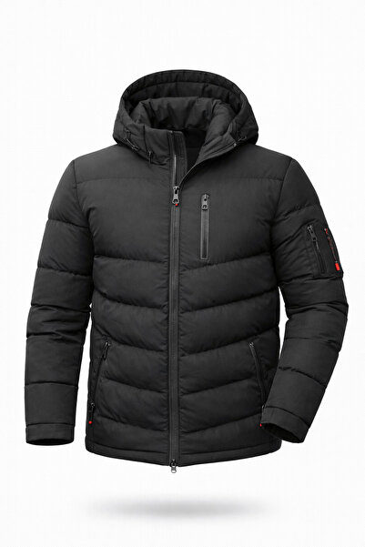 Mero Life معطف شتوي منتفخ للرجال ذو قصة ضيقة باللون الأسود بغطاء رأس مقاوم لل...