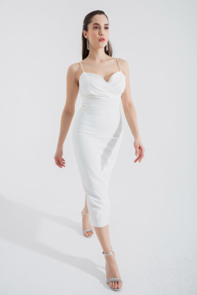 Lafaba Dámské bílé midi večerní šaty s úzkými ramínky a dvouřadým límcem