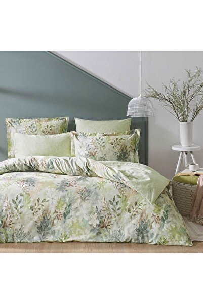 Linens طقم غطاء لحاف مزدوج من القطن والساتان الأخضر الوستارية