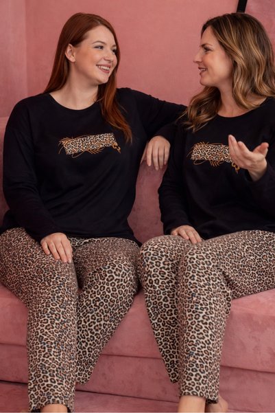 LNMC Women's Sandy Fabric Leopard Patterned Pajama Set Black Top Plus Size