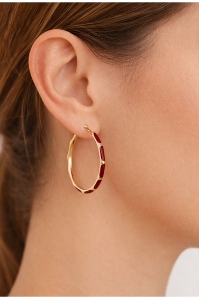 Goche Bordo Kırmızı Desenli Modern Halka Küpe - Minimalist Tasarım Geometrik ...