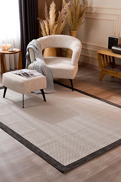 Koza Halı Fresco Ekru Siyah Iskandinav Yıkanabilir Bordürlü Halı Kilim Balkon...