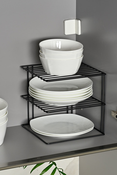 Edora Home Dulap negru mat cu 3 niveluri, farfurie multifuncțională, sticlă, ...