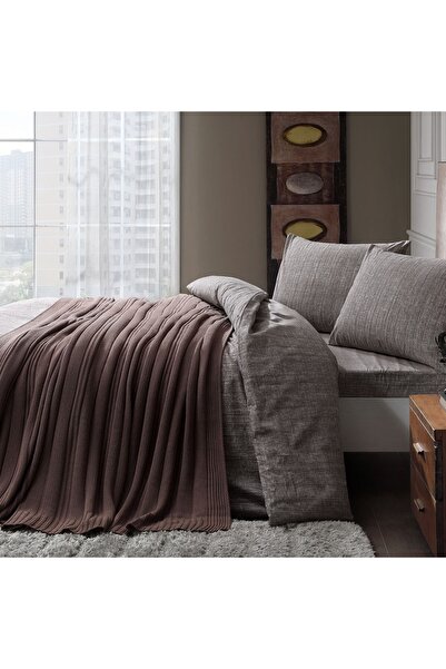 Taç Çift Kişilik Triko Battaniyeli Nevresim Seti Kahverengi