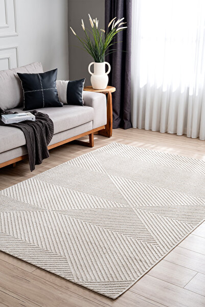 Koza Halı Retro Krem Krem Geometrik Desenli Tozumaz Salon Koridor Balkon Tera...