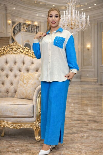 Yeşilmoda Suit,Summer,Women'S,Wide Leg, Split, Button,Linen,Applique Pocket,S...