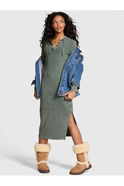 PİNK Vintage Ribanalı Henley Kapüşonlu Elbise