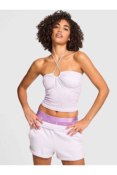 PİNK Çiçek Desenli Jakarlı Dekolte Yaka Halter Üst