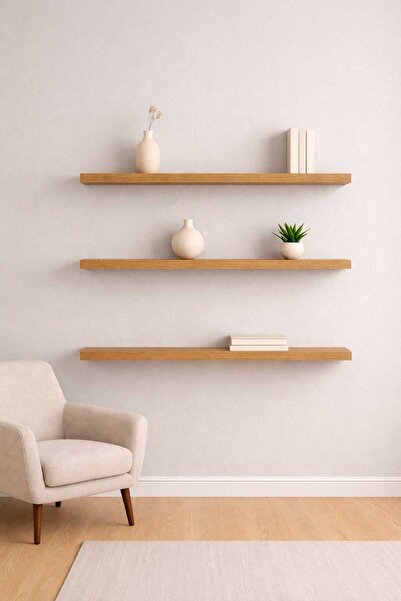 yankı-byeg 90 Cm 3lü Safir Meşe Mdf Uçan Duvar Rafı Gizli Bağlantı Kitaplık