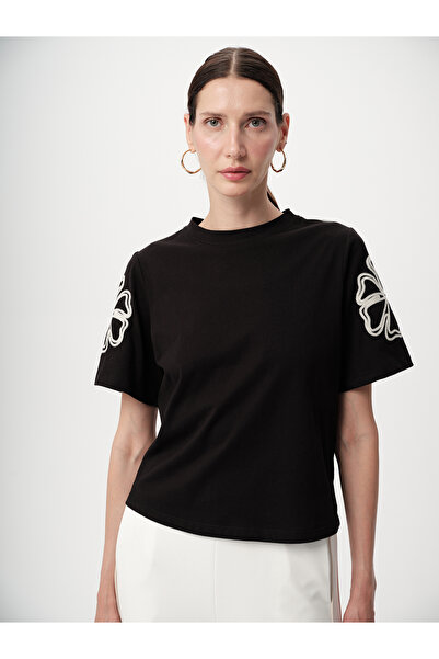 Allyco Κέντημα με μανίκια Crew Neck Κανονικό πλεκτό μαύρο μπλουζάκι