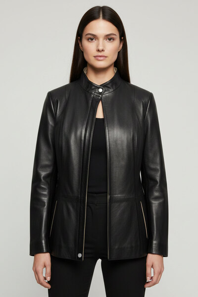 Deriderim Siyah Lauretta Fermuarlı Bej Garnili Hakim Yaka Geniş Kesim Astarlı...