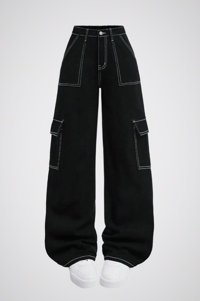 KOTOLOG Unisex Bol Paça Beyaz Dikişli Kargo Cep Pantolon