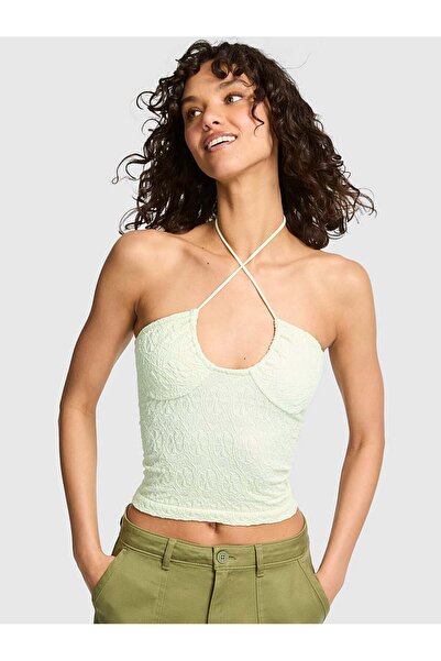 PİNK Çiçek Desenli Jakarlı Dekolte Yaka Halter Üst