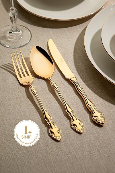 Nehir Adriana Full Altın 12 Kişilik 89 Parça Deri Kutulu Çatal Kaşık Bıçak Ta...