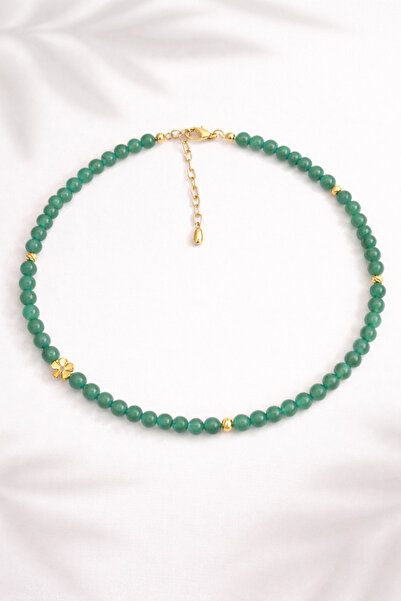 Cunda Doğal Taş Design Yeşim Taşı Kolye ( Şans Taşı ) Yonca Detaylı