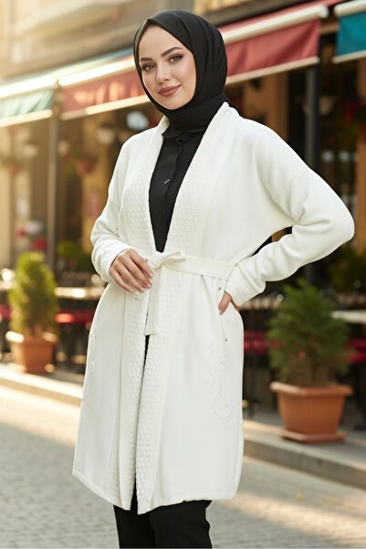 Bestenur Ecru Knitwear Cardigan 1192 - Buğlem Embroidered