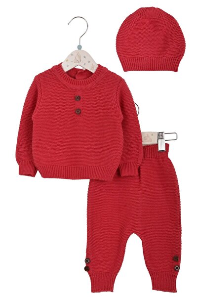 Minora Knitwear Button Detailed 3-Piece Set Red