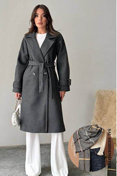 Neşeli Butik palton de damă cu detaliu de curea, căptușit, cu broderie NBG120